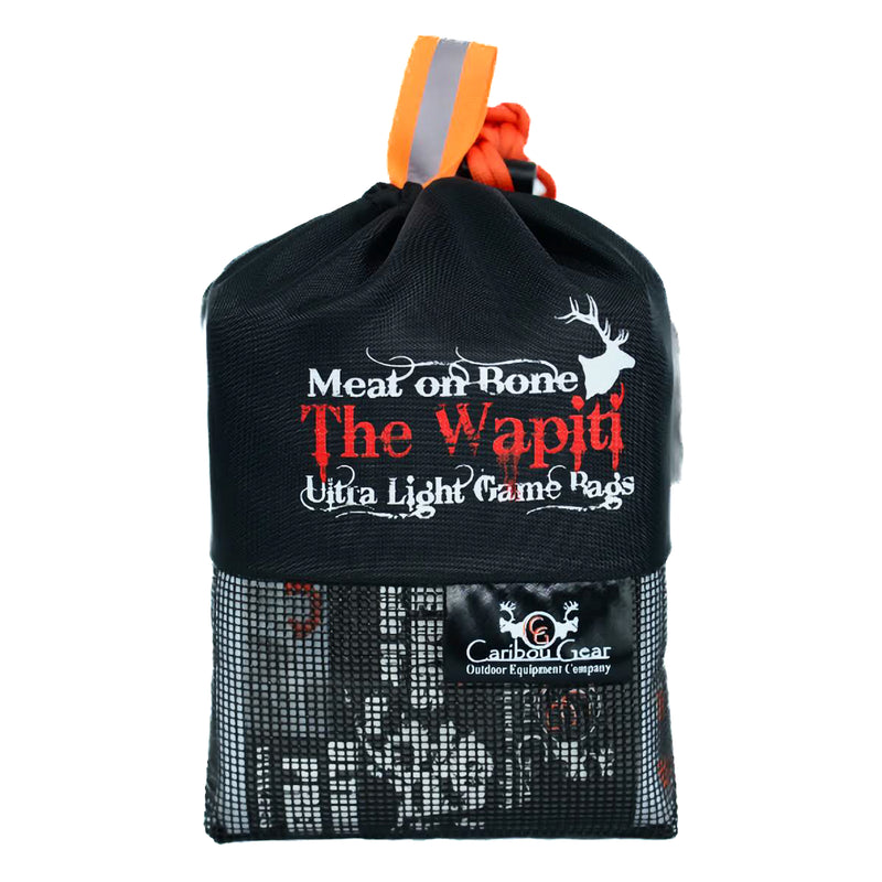 Load image into Gallery viewer, The Best Game Bags For Elk The Wapiti - game bag system is a must-have for all Elk hunters. Designed for elk meat on bone quarters and meat parts or like sized game. This small convenient species specific product contains 5 game bags with our signature light reflective attachments for easy locate in the dark and lock loops. A perfect fit for the Back Country Hunter. The Last Game Bags You'll Ever Need!