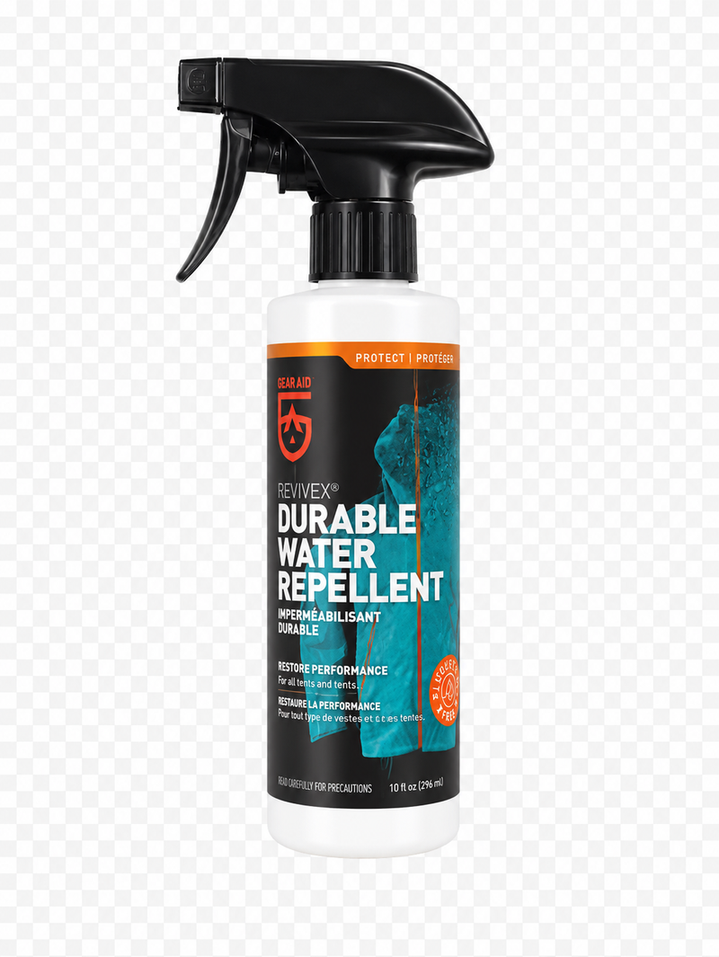 Load image into Gallery viewer, A bottle of RevVex Durable Water Repellent spray with a black trigger sprayer and a white bottle body, featuring a black and teal label with orange accents, shown on a transparent checkered background.