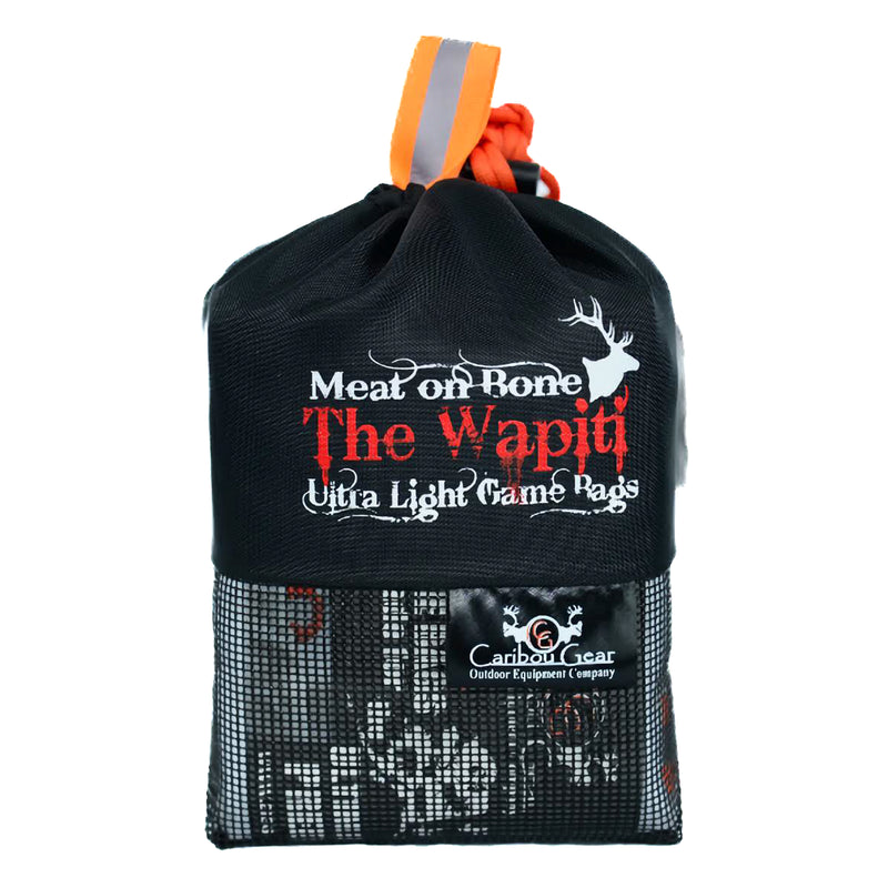 Load image into Gallery viewer, The Best Game Bags For Elk The Wapiti - game bag system is a must-have for all Elk hunters. Designed for elk meat on bone quarters and meat parts or like sized game. This small convenient species specific product contains 5 game bags with our signature light reflective attachments for easy locate in the dark and lock loops. A perfect fit for the Back Country Hunter.  The Last Game Bags You&#39;ll Ever Need!

