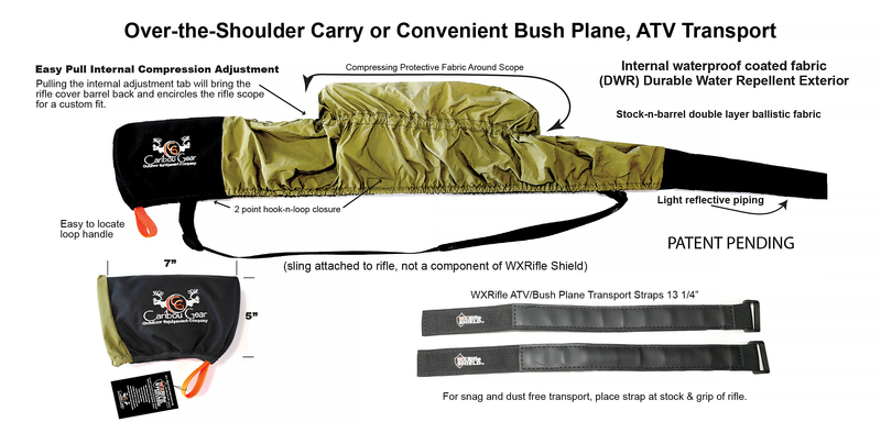 Load image into Gallery viewer, The Best Rifle Cover On The Market! Over-the-Shoulder Carry or Convenient Bush Plane - ATV Transport  Experience the all-new Patent pending WXRifle Shield - the perfect combination of convenience and protection for your rifle! Designed for safe transport, its double-layer durability offers unbeatable weather protection  with interior waterproof TPU coating and (DWR) Durable Water Repellent Exterior.
