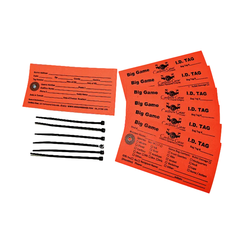 Load image into Gallery viewer, Orange Caribou Gear Game Bag ID Tags with six black zip ties on a white background