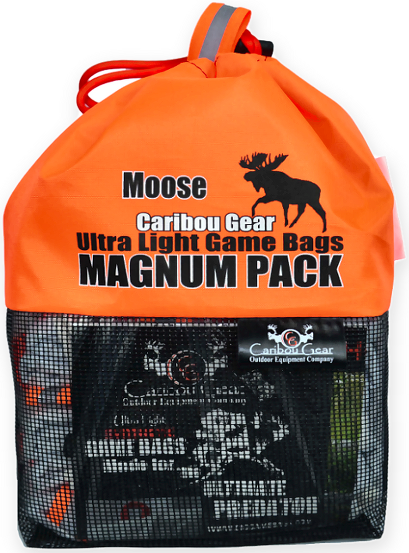 Load image into Gallery viewer, Orange Caribou Gear Moose Magnum Pack game bag system in its drawstring storage bag with black mesh panel.