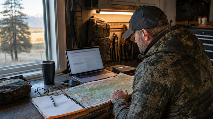 Elk hunter reviews an online license page and topographic map while preparing for an Idaho tag sale.
