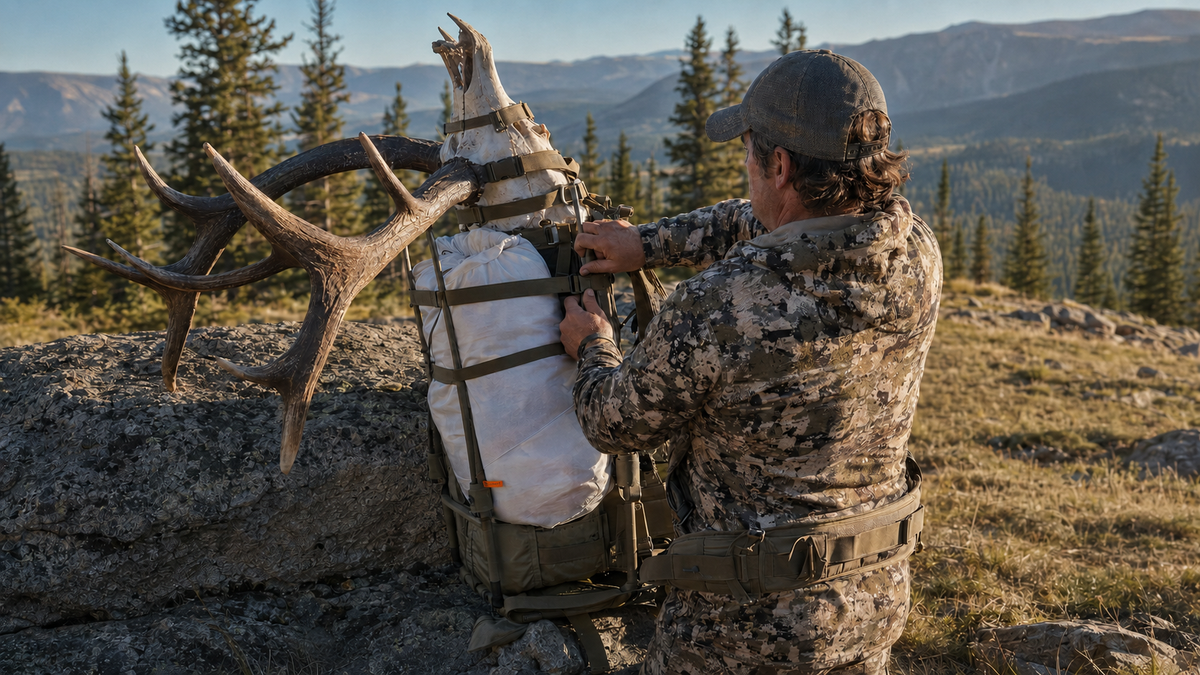 Hunter secures high-mounted elk antlers above a white game bag on an external-frame pack in the Rocky Mountains.