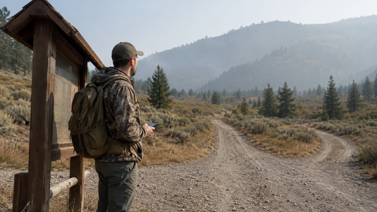 Elk hunter checks wildfire smoke and access at a Western trailhead where a gravel road splits beneath a smoke-softened ridge.