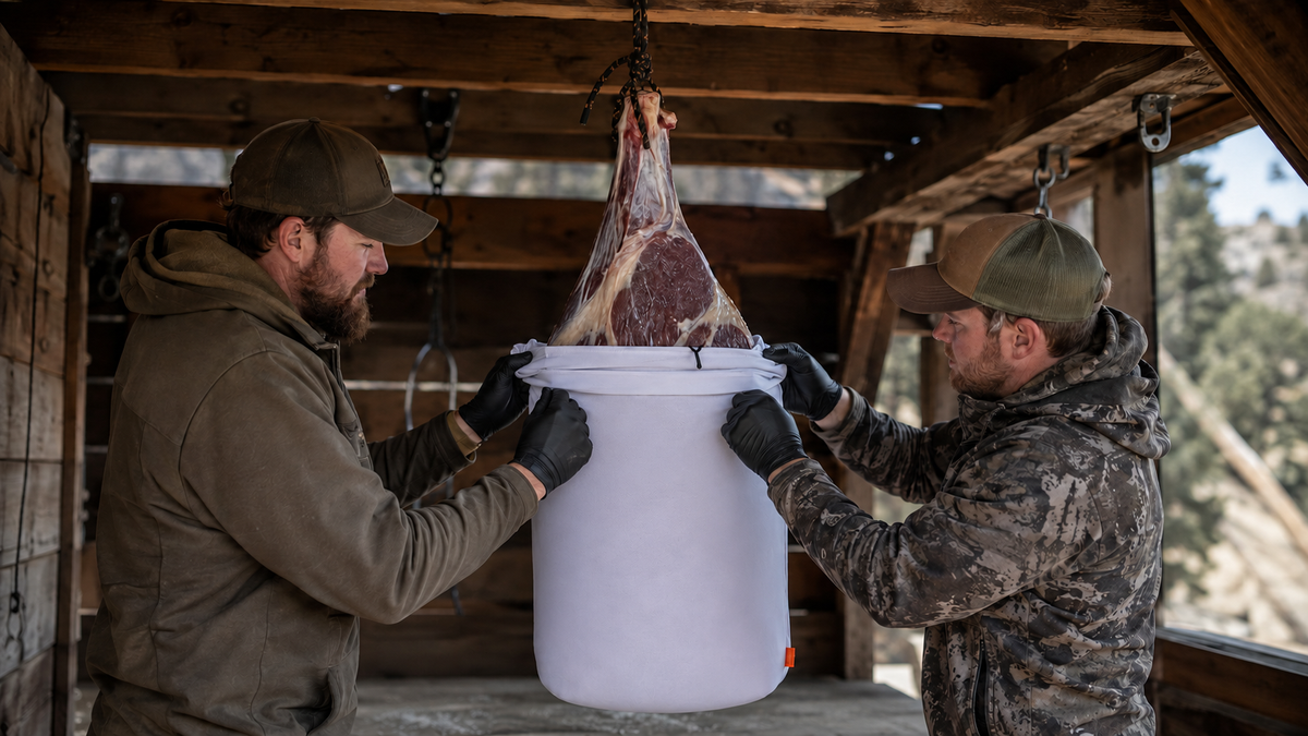 Two hunters roll a breathable white Caribou Gear game bag upward from the fatty end of a hanging bone-in elk quarter.