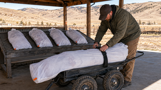 Hunter straps a full carcass game bag to a game cart beside four separated quarter bags on a shaded ranch cooling rack.