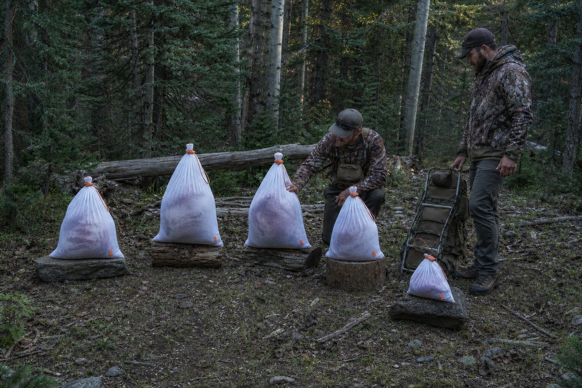 Two elk hunters compare five spaced game-bag loads in shaded timber before choosing the first packout load.