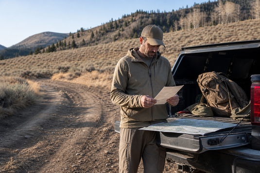Utah elk hunter reviews a permit and topo map at a dry mountain trailhead before the 2026 season.