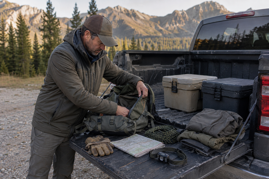 Experienced Western hunter checks a packed backpack, topographic map, meat-care tools and clean coolers on a pickup tailgate one week before departure.