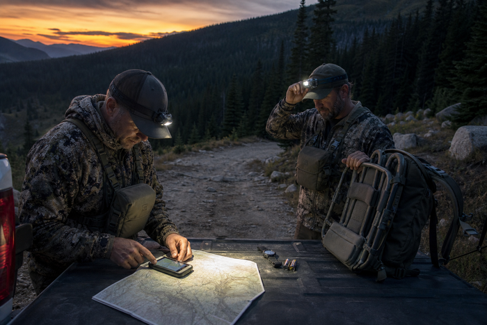 Two experienced elk hunters check a map, GPS, headlamps and pack frame at a mountain trailhead as September daylight fades.