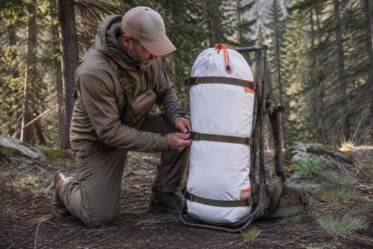 Experienced elk hunter secures a white Caribou Gear game bag to an external-frame pack with three compression straps in mountain timber.