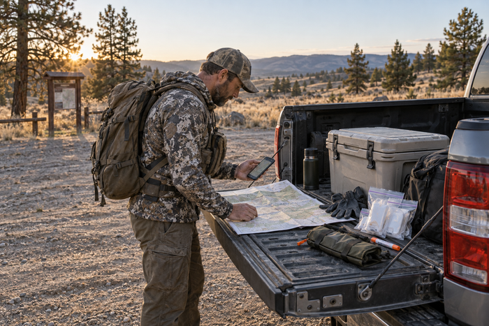 Experienced Washington elk hunter reviews a topographic map and phone beside CWD testing supplies on a pickup tailgate at an Eastern Region trailhead.