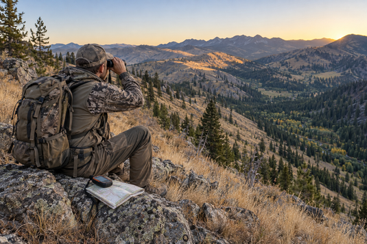 Experienced elk hunter glasses dry Idaho mountain slopes and a green timbered drainage at sunrise beside a topographic map and GPS.