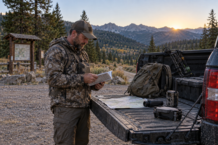 Idaho elk hunter reviews 2026 hunting rules beside a trail camera, thermal optic and drone on a mountain trailhead tailgate.