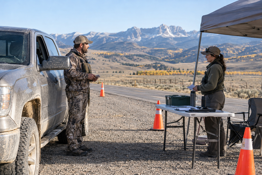 An elk hunter speaks with a wildlife staffer beside a parked pickup at a roadside check station in Wyoming mountain country.