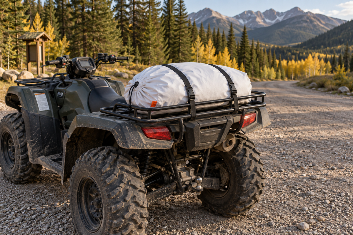 One white game bag secured with two separate cargo straps to the rear rack of a parked ATV on a mountain forest road.