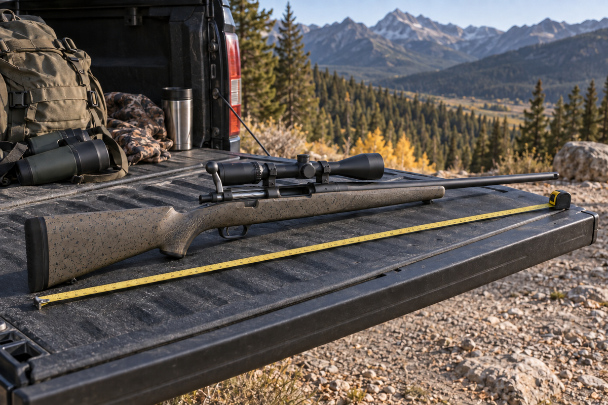 Scoped bolt-action hunting rifle with its bolt open beside a measuring tape on a pickup tailgate at a Western mountain trailhead.