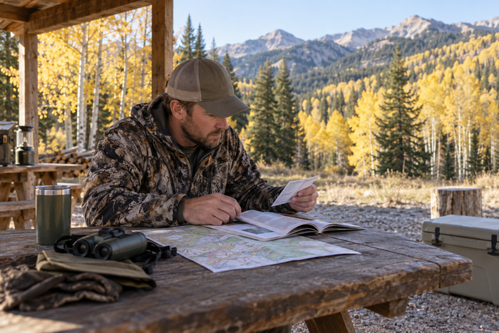 Colorado elk hunter compares a rifle license with a hunting regulations booklet at a mountain camp table in autumn.