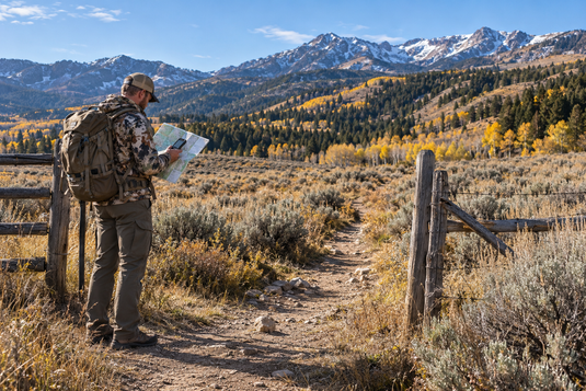 Wyoming elk hunter checks a paper map and GPS beside an open trail leading toward mountain country.