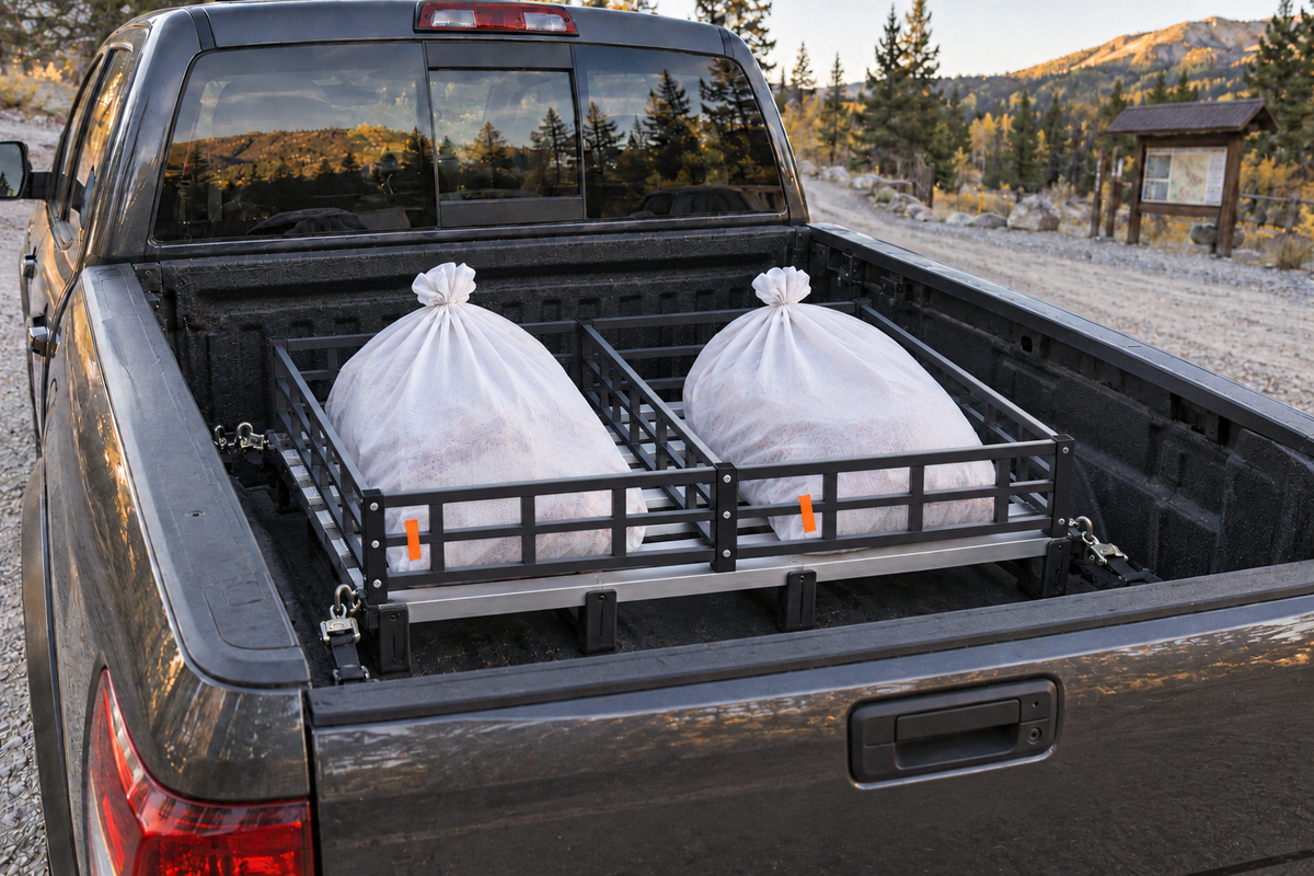 Two white game bags with orange side tabs sit apart in a raised divided carrier inside a pickup bed with the tailgate closed.