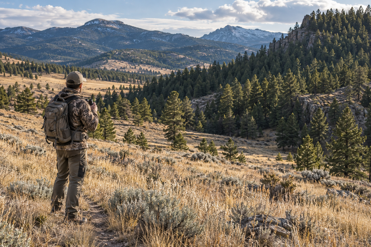 Hunter with binoculars pauses on an open grassy slope beside pine-covered terrain in autumn.