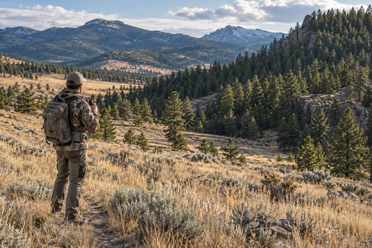 Hunter with binoculars pauses on an open grassy slope beside pine-covered terrain in autumn.