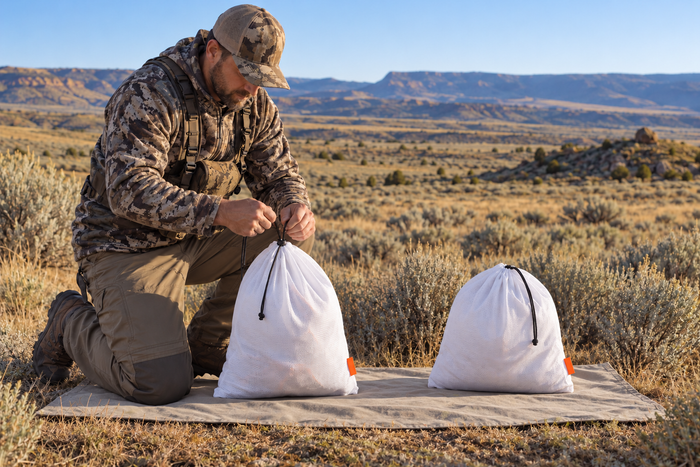A hunter closes a white game bag beside another closed bag on a clean groundsheet in open sagebrush country.