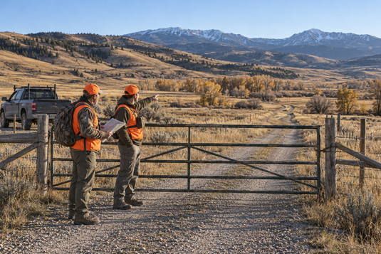 Two blaze-orange-clad hunters review a map beside a closed ranch gate in Montana foothill country.
