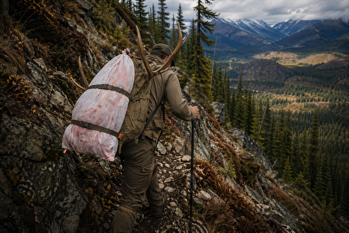 Hunter packing out elk quarters through steep rugged terrain during backcountry hunt