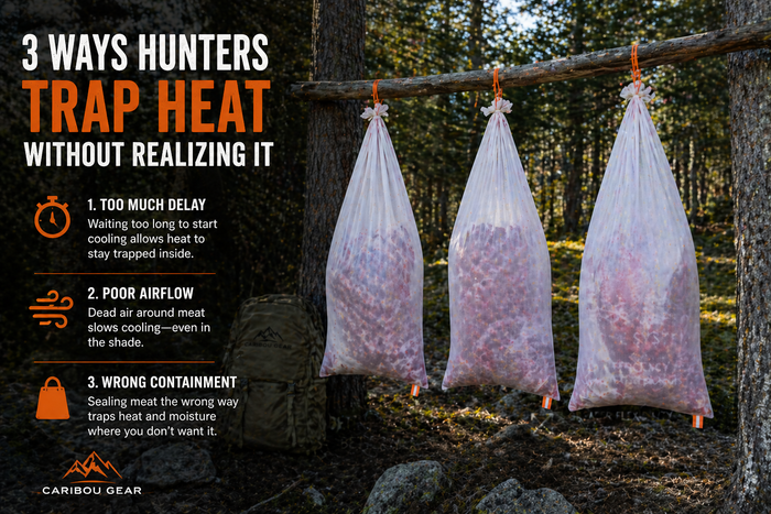 Elk quarters hanging in breathable game bags under tarp with proper spacing for airflow in shaded forest