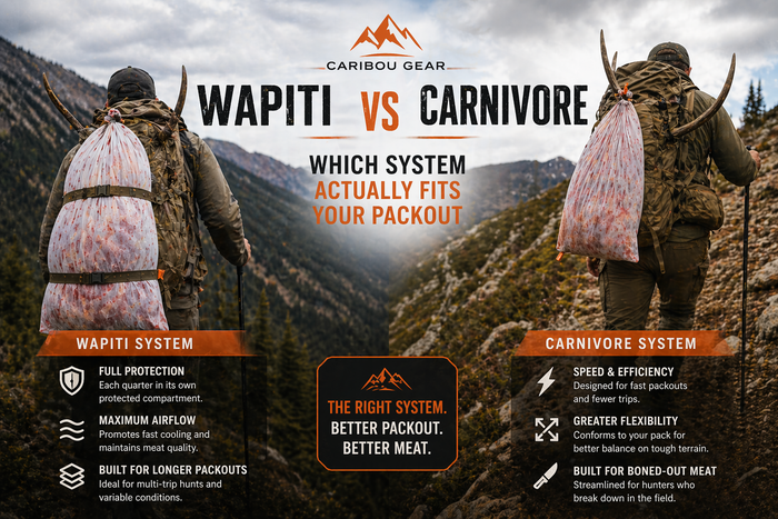 Hunter packing out elk quarter in breathable game bag with orange reflective tab on steep mountain terrain