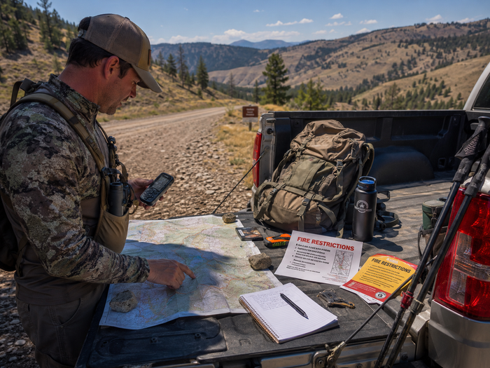 Western hunter reviewing fire restriction notices and maps before a summer scouting trip