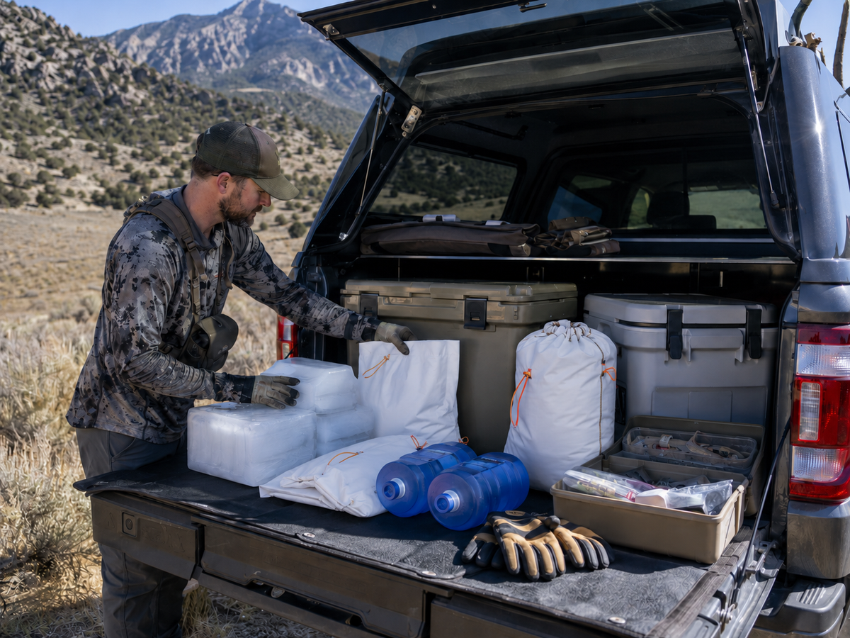 Hunter organizing coolers ice and game bags in a truck bed before an elk hunt