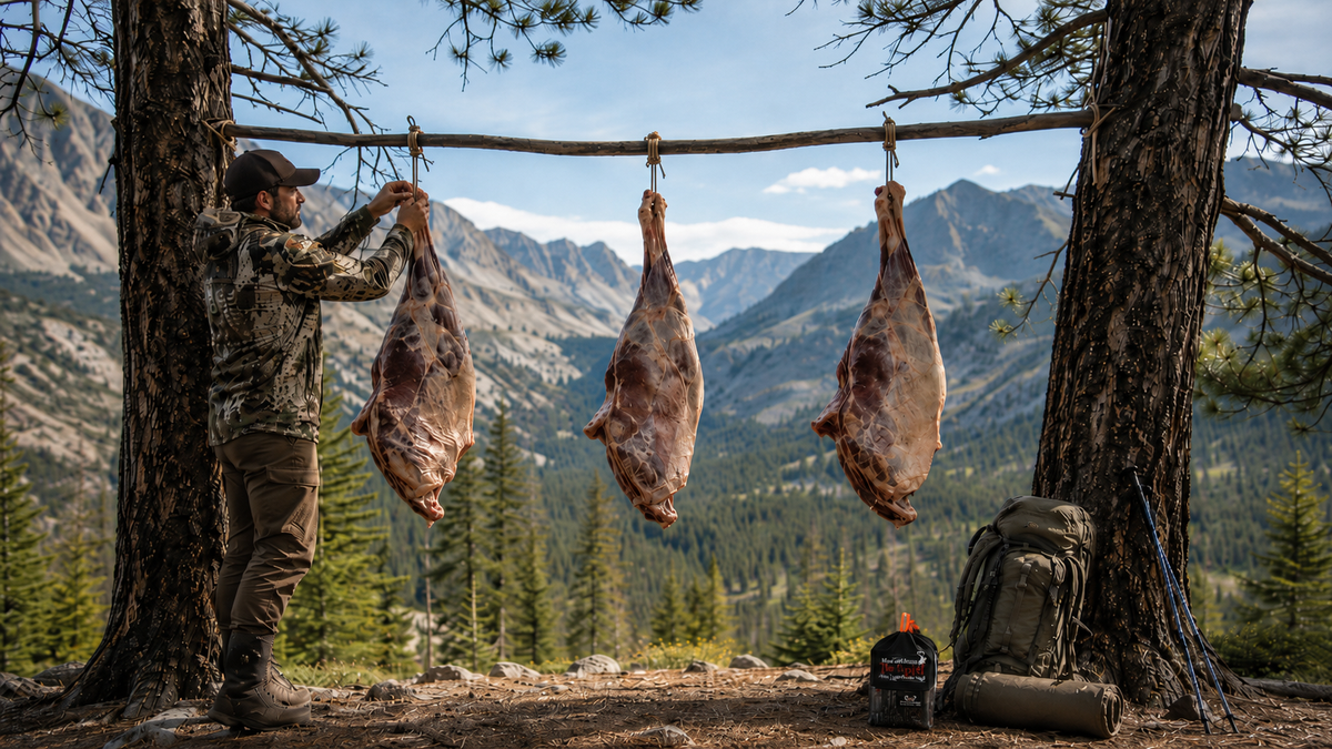 Elk quarters hanging individually in breathable white synthetic game bags with narrow orange reflective side tabs for improved airflow during mountain packout