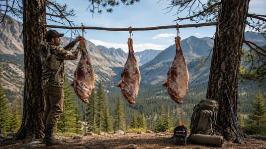 Elk quarters hanging individually in breathable white synthetic game bags with narrow orange reflective side tabs for improved airflow during mountain packout