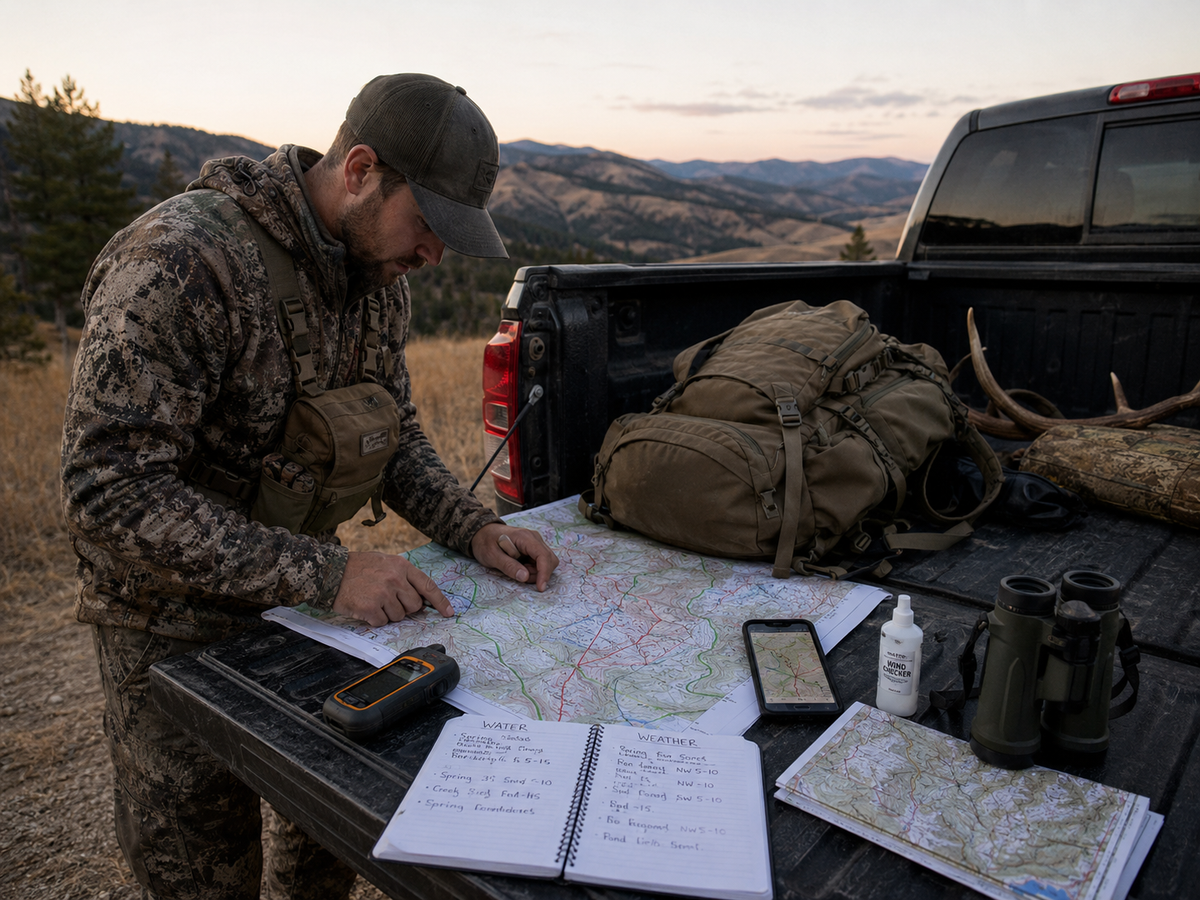 Western hunter reviewing an elk hunt plan with maps GPS and weather notes before opening morning