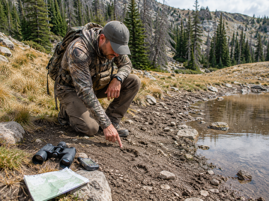 Western hunter studying elk tracks near a summer water source while scouting before season