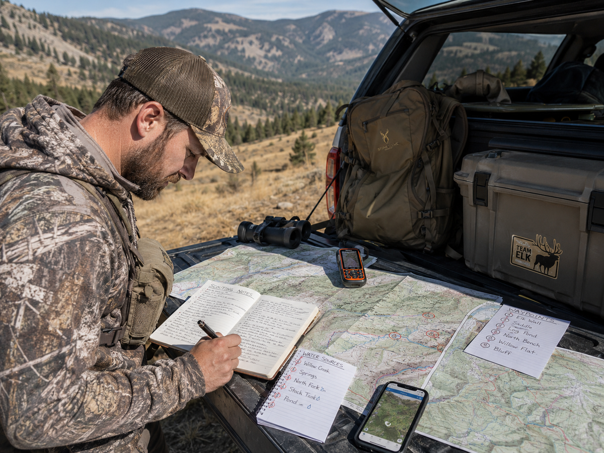 Western hunter organizing summer scouting notes maps and GPS waypoints before elk season