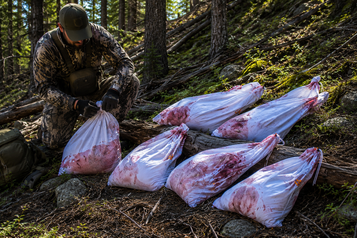 Hunter staging elk quarters in breathable white game bags with narrow orange reflective tabs during a multi-trip backcountry elk packout in steep timber terrain