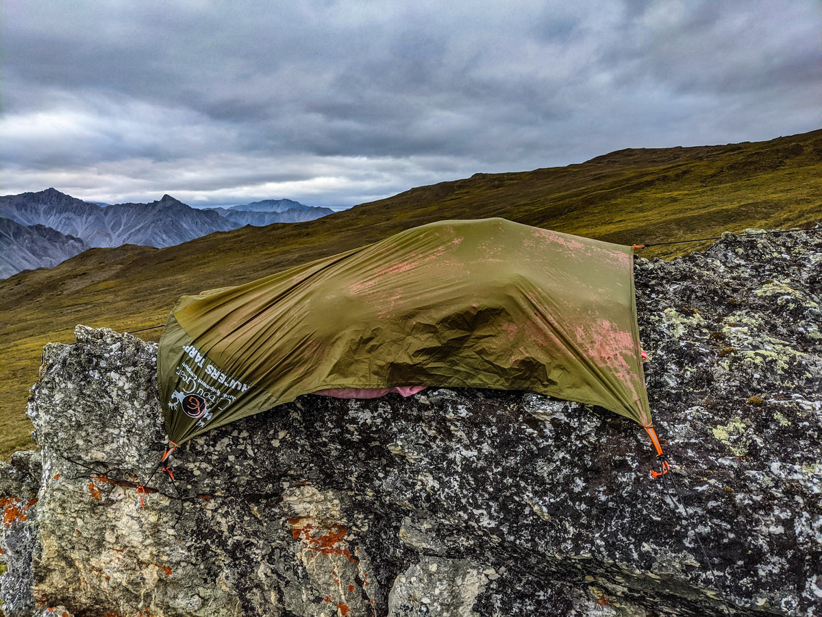 Elk quarters hanging in breathable game bags under tarp in shaded forest with proper airflow spacing