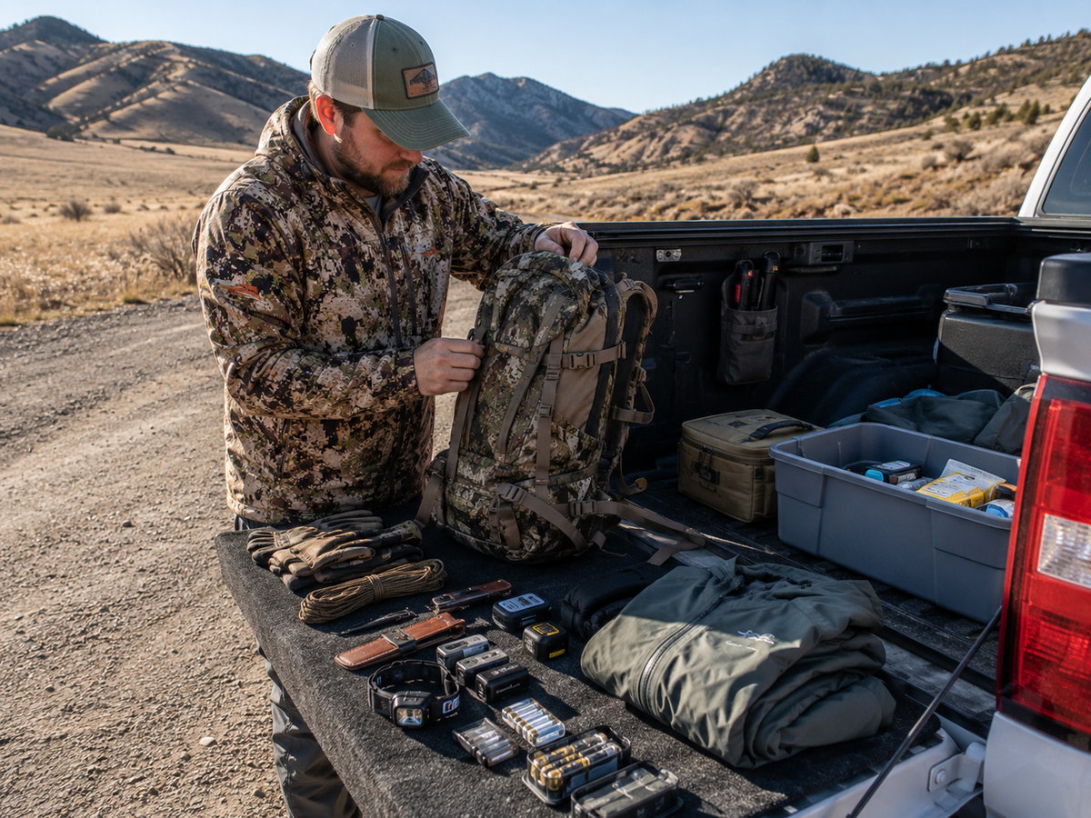 Hunter inspecting straps buckles knives batteries and weather gear before hunting season
