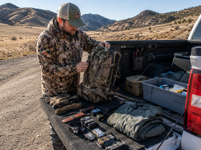 Hunter inspecting straps buckles knives batteries and weather gear before hunting season