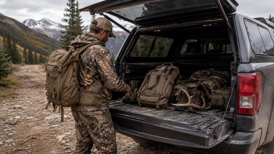 Organized elk hunting truck setup with coolers game bags tarp gloves straps water and packout gear