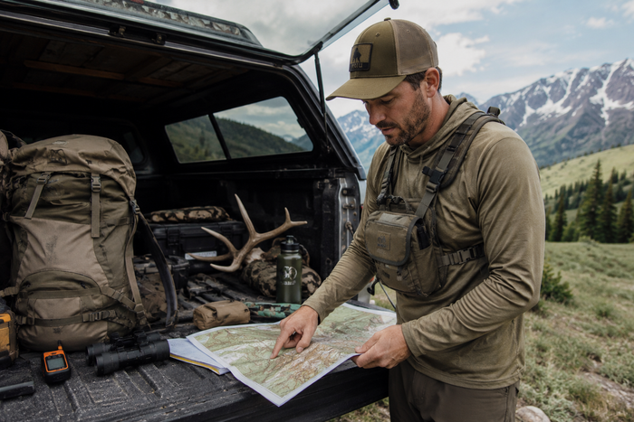 Western hunter reviewing maps and gear at a truck before summer scouting trip