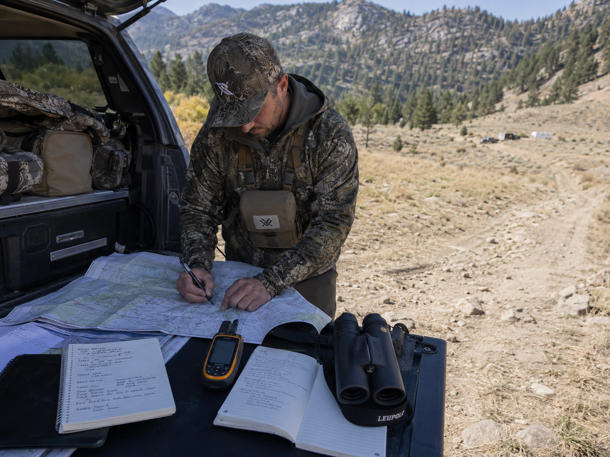 Western hunter reviewing maps road conditions and scouting notes at a truck after a busy holiday weekend