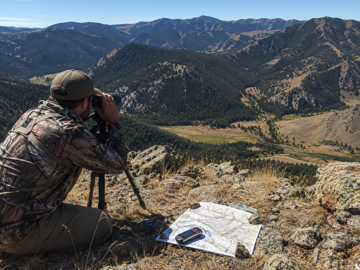 Western hunter glassing elk country from a distance to avoid disturbing a scouting area before season