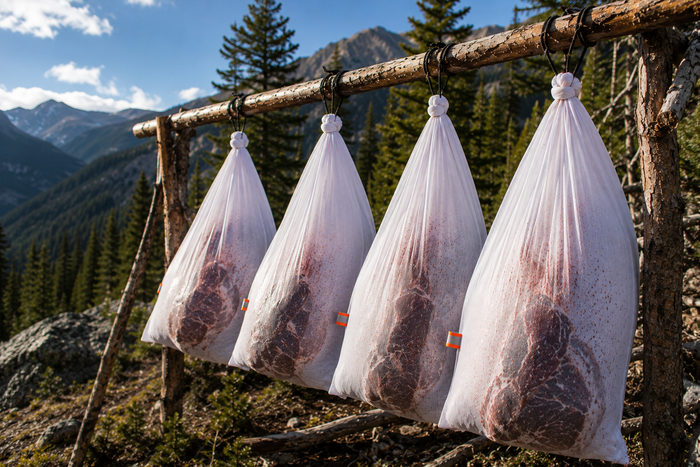 Elk quarters hanging in breathable white synthetic game bags with narrow orange reflective tabs in moving mountain airflow during backcountry meat care