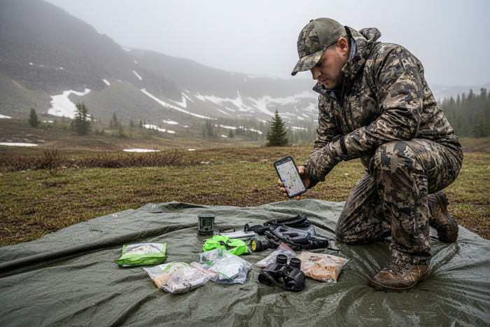 Hunter sorting muddy spring scouting gear on a tarp while checking map pins on a phone in wet mountain conditions