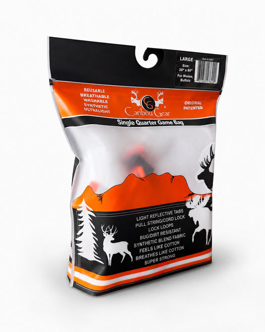 Angled view of Caribou Gear Large Single Quarter Game Bag packaging for moose and buffalo